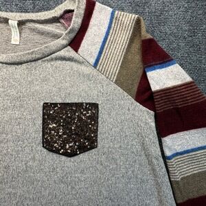 Flamingo Urban Gray Striped‎ Raglan Long Sleeve Sequin Pocket Top Tunic